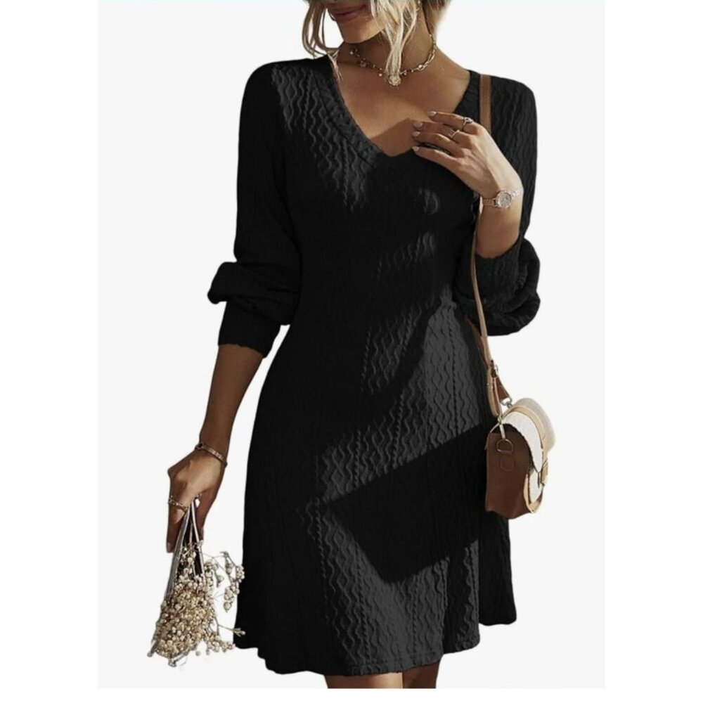 Dokotoo Womens Black Pullover A-Line Dress V-Neck Long Sleeve Stylish Medium